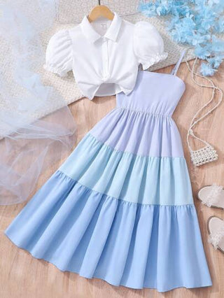 تيشيرتات بناتي مجموعة من قطعتين للبنات البراعم ملابس صيفية مكونة من قميص كاجوال خفيف + فستان من نوع أومبير بتصميم كامي