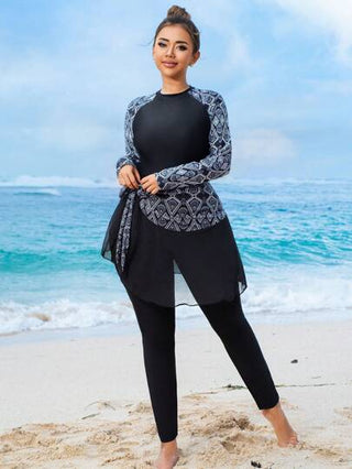 Swim Mulvari مجموعة بحر للسيدات كبيرة الحجم 2 قطعة، ملابس علوية كم طويل طباعة لون متباين وبنطلون، تصميم سحاب خلفي مع تنورة شبكية سوداء، زي محتشم وأنيق للشاطئ والمنتجعات