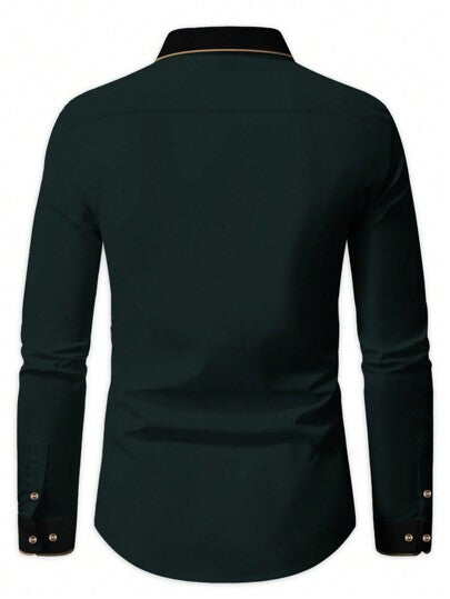Manfinity Homme قميص رجالي بأكمام طويلة وأزرار أمامية مع تريم متباين للأعمال