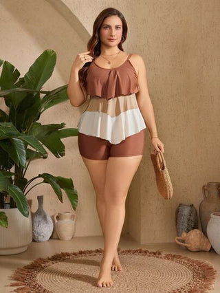 Swim Lushoire مايوه نسائي كاجوال من قطعتين (بلوزة وسروال) مقاسات كبيرة، بياقة على شكل حرف V مع إشارة التقليم المموج بلون مغاير، لموسم الصيف