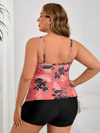 Swim Lushoire مجموعة قطعتين - توب كروب مطبع بطباعة الأزهار بياقة مستديرة بحلية من الكشكش وشورت شورت أسود سادة للمقاسات الكبيرة في الصيف
