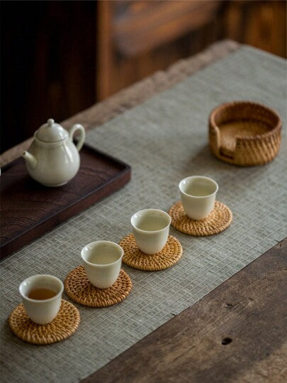 SHEIN 6 طقم قواعد سفرة يدوية مصنوعة من الخيزران بتصميم كرم الخريف، بطانات مقاومة للحرارة للمطبخ والسفرة، اكسسوارات خشبية لتخزين الشاي، عيد الحب، زفاف عيد الحب، عيد الميلاد