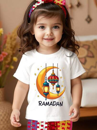 ملابس بناتي رمضان تي شيرت طاقم قصير الأكمام للبنات المراهقات، بطبعة فانوس رمضان بنجوم وقمر، أزياء عائلية مناسبة لرمضان، مريح للربيع والصيف