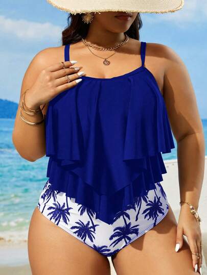 Swim Lushoire 2 قطعة/مجموعة ملابس سباحة من الطراز الكبير للسيدات بتصميم طباعة زهور، بحمالات رفيعة وتصميم كشكش،ملائمة للصيف