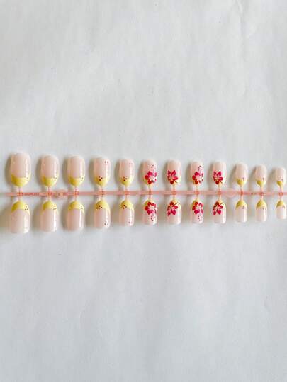 تحسين مظهرك على الفور، طقم 24 قطعة أظافر صناعية قصيرة بشكل بيضاوي ذات رسومات زهرية حمراء للفرنسي، مناسبة للخريف/الشتاء، تتضمن جيلي جيل ومنشار أظافر، مناسبة للحفلات والاستخدام اليومي