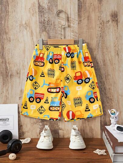مايوه أولادي قطعة واحدة، شورت كاجوال مطبوع برسوم شاحنة كرتونية للأولاد الصغار،أنيق للربيع والصيف