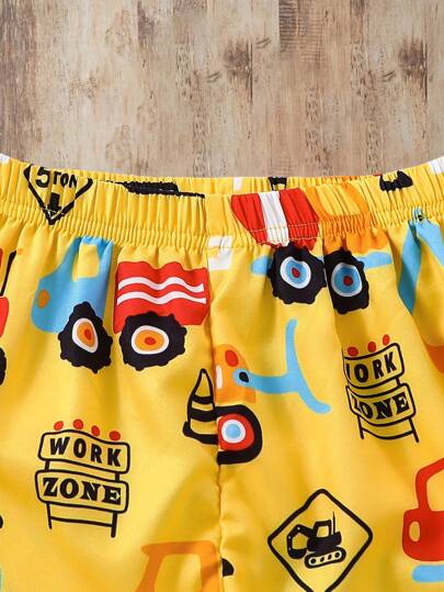 مايوه أولادي قطعة واحدة، شورت كاجوال مطبوع برسوم شاحنة كرتونية للأولاد الصغار،أنيق للربيع والصيف