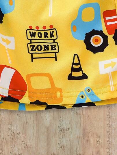 مايوه أولادي قطعة واحدة، شورت كاجوال مطبوع برسوم شاحنة كرتونية للأولاد الصغار،أنيق للربيع والصيف