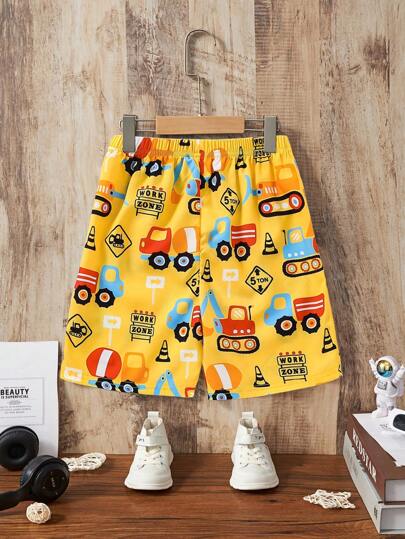 مايوه أولادي قطعة واحدة، شورت كاجوال مطبوع برسوم شاحنة كرتونية للأولاد الصغار،أنيق للربيع والصيف