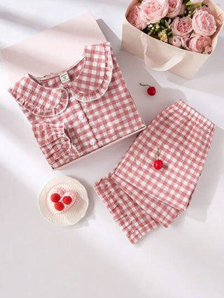 بيجاما مجموعة من ملابس علوية بأكمام طويلة مكسر الأطراف بنمط مربعات و بنطلون طويل لبنات المراهقات 2 قطعة