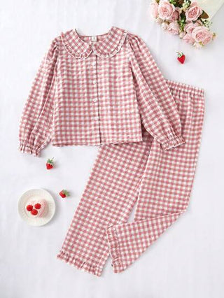 بيجاما مجموعة من ملابس علوية بأكمام طويلة مكسر الأطراف بنمط مربعات و بنطلون طويل لبنات المراهقات 2 قطعة