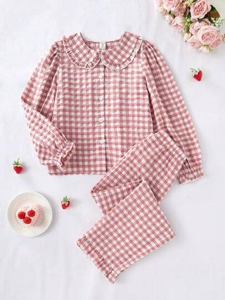 بيجاما مجموعة من ملابس علوية بأكمام طويلة مكسر الأطراف بنمط مربعات و بنطلون طويل لبنات المراهقات 2 قطعة