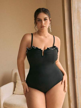 Swim Chiccia بدلة سباحة أنيقة للنساء بدون حمالات، أحادية القطعة مع حاشية خصر متباينة اللون، أشرطة كتف قابلة للإزالة، مقاس كبير