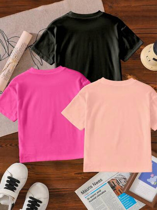 تيشيرتات بناتي GraphicGems 3 قطعة/طقم تي شيرت بأكمام قصيرة للأطفال البنات بتصميم ربيعي/صيفي مريح وعصري وجذاب بطباعة شكل القلب والزهرة والقطة