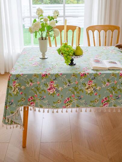 قطعة واحدة ستارة طاولة أسلوب ريفي أمريكي بورود خضراء وشماعات، ديكور طاولة المنزل للربيع والصيف،مستطيلة قابلة للغسل لطاولة الطعام، طاولة القهوة، خزانة السرير، مناسبة للمزرعة، المطبخ، غرفة الطعام، حفلات العشاء، النزهات، عيد الحب، الخارج