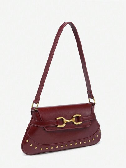 حقيبة كتف/إبط كلاسيكية للسيدات من جلد البولي يوريثان ذات إبزيم حديث على شكل حدوة حصان والحلقات المعدنية باللون الأحمر مناسبة للعمل، التنقل، المواعيد، الحفلات