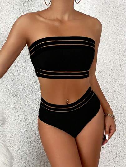 مجموعة بكيني من قطعتين شبكية ذات لون أسود بسيط، بخصر عالي للأماكن الشاطئية والعطلات الصيفية