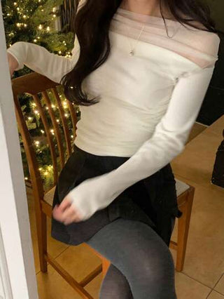 DAZY تي شيرت نسائي أكمام طويلة كتف مكشوف بأقمشة نسيج شبكي ملونة بلون واحد، مناسب للربيع والصيف