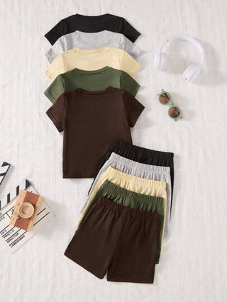 Vintaside Kids مجموعة تي شيرت آستين قصير رقبة طاقم و شورت لون أساسي لطفل صبي ,مجموعة من 5 قطع ,مناسب للصيف