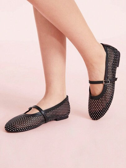 CUCCOO DOLLMOD أحذية حريمي ذات اصبع مستدير مزينة بالراين، من قماش الشبك الأسود ، أحذية شريطية سميكة عصرية مريحة للارتداء اليومي والحفلات