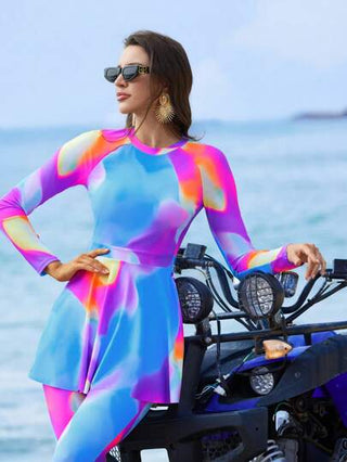طقم تانكيني حريمي Swim Shayni بدلة سباحة نسائية صيفية غير رسمية بياقة طاقم وأكمام راجلان باللون المربوط، للشاطئ والرحلات