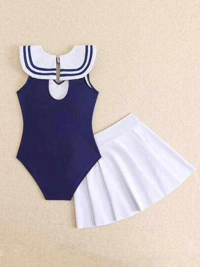 SHEIN Lunivi بدلة سباحة للفتيات المراهقات ذات ياقة بحارية باللون الأزرق الكحلي قطعة واحدة مع تنورة الشاطئ ، بدلة سباحة كاجوال مكونة من قطعتين عصرية