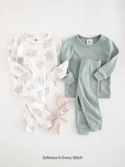 Cozy Pixies 4 قطع مجموعة بيجامات مريحة للأولاد الرضع: توب أكمام طويلة رقبة دائرية لون سادة من نسيج مرن وبنطلون خصر مطاطي، توب أكمام طويلة رقبة دائرية بطبعة زهرية وبنطلون خصر مطاطي