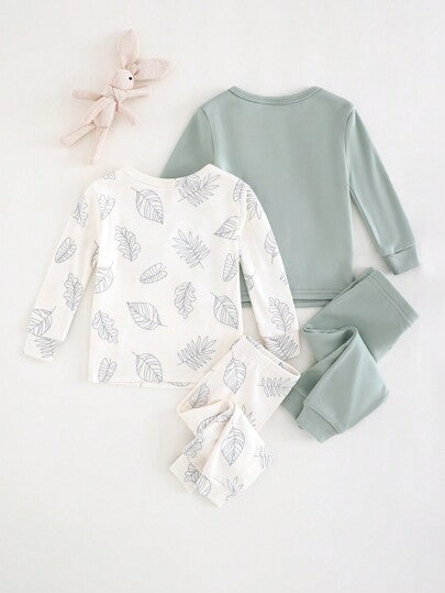 Cozy Pixies 4 قطع مجموعة بيجامات مريحة للأولاد الرضع: توب أكمام طويلة رقبة دائرية لون سادة من نسيج مرن وبنطلون خصر مطاطي، توب أكمام طويلة رقبة دائرية بطبعة زهرية وبنطلون خصر مطاطي