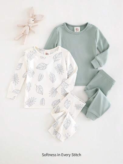 Cozy Pixies 4 قطع مجموعة بيجامات مريحة للأولاد الرضع: توب أكمام طويلة رقبة دائرية لون سادة من نسيج مرن وبنطلون خصر مطاطي، توب أكمام طويلة رقبة دائرية بطبعة زهرية وبنطلون خصر مطاطي