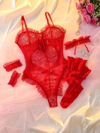 لانجيري حريمي DelicateAllure 4 قطع من الكشكشة والحواف المزخرفة والعقدة والشريط الرشيق، زينة لبذلة السيدات المصممة بطراز جذاب، مناسبة لعيد الحب