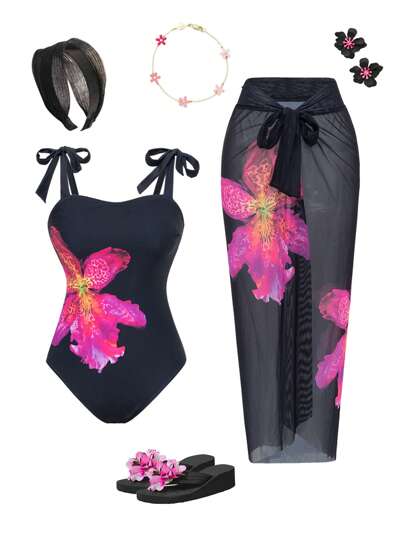 مايوه حريمي قطعة واحدة Swim Oasis ملابس سباحة نسائية مع بدلة لتغطية الأزهار لأيام الشاطئ والعطلات الصيفية