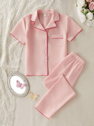بيجاما مجموعة قميص كم قصير وبنطال كاجوال لبس منزلي للبنات مراهقات، لون وردي فاتح، عدد 2 قطعة