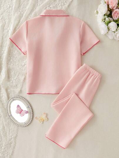 بيجاما مجموعة قميص كم قصير وبنطال كاجوال لبس منزلي للبنات مراهقات، لون وردي فاتح، عدد 2 قطعة