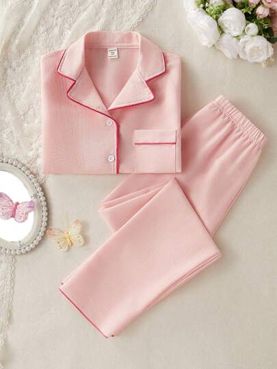 بيجاما مجموعة قميص كم قصير وبنطال كاجوال لبس منزلي للبنات مراهقات، لون وردي فاتح، عدد 2 قطعة