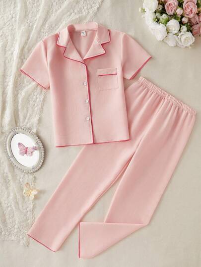 بيجاما مجموعة قميص كم قصير وبنطال كاجوال لبس منزلي للبنات مراهقات، لون وردي فاتح، عدد 2 قطعة