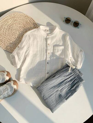 SHEIN طقم ملابس علوية كم قصير ذات طوق عالي وبنطلون طويل مرن مناسب للأطفال البنات والأولاد، ملائم للارتداء اليومي، الرياضة، اللعب، الحفلات، التصوير الفوتوغرافي، العطلات والمناسبات في الربيع والصيف