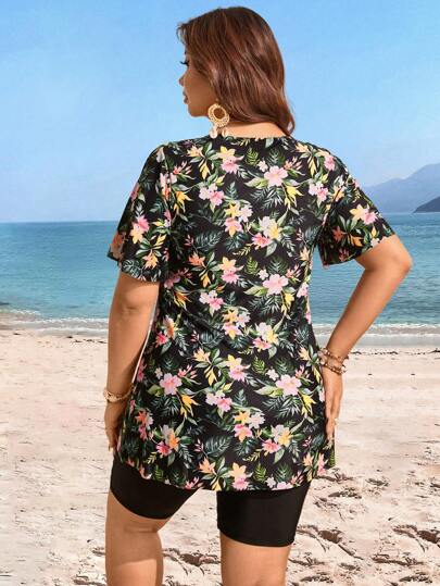 Swim Lushoire مجموعة تانكيني بنقشة زهور عشوائية ل- المرأة بمقاسات كبيرة، 2 قطعة لفصل الصيف