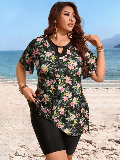 Swim Lushoire مجموعة تانكيني بنقشة زهور عشوائية ل- المرأة بمقاسات كبيرة، 2 قطعة لفصل الصيف