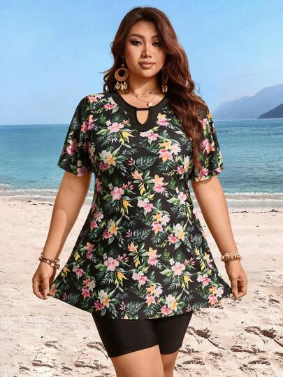 Swim Lushoire مجموعة تانكيني بنقشة زهور عشوائية ل- المرأة بمقاسات كبيرة، 2 قطعة لفصل الصيف