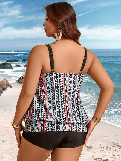 Swim Lushoire مجموعة قطعتين للمرأة ذات المقاسات الكبيرة بطباعة هندسية تجريدية رجعية، ملابس علوية قصيرة بحمالات سوداء وشورت، بكيني رسمي كاجوال بشريط عنق