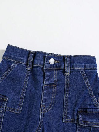 SHEIN سراويل جينز بطيات متعددة من الدنيم الأزرق عالي المرونة للأطفال الصبية، تشطيب مصقول، لملابس الربيع والصيف، ملابس مهرجانات وملابس الشارع.