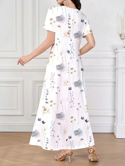 Mulvari فستان كاجوال قصير الأكمام مريح، قطن تريكو أبيض بياقة على شكل حرف V، مناسب للموسم الربيعي/الصيفي، بنمط أزهار طازج وأنيق، مناسب للاستخدام اليومي،المناسبات البسيطة،الحفلات،المناسبات العامة مثل رمضان وعيد الحب