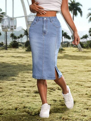 EZwear تنورة جينز نسائية كاجوال ذات قصة مناسبة، تنورة قلم رصاص من الجينز، طول الركبة، مرنة، باللون الأزرق