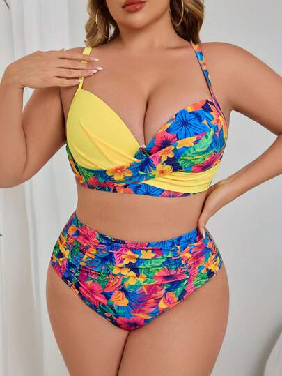 Swim SXY طقم بكيني للسيدات فوق المقاس المعتاد، 2 قطعة بحمالات رفيعة وطبعة عشوائية بطبعات استوائية، وحشوة للدفع للأعلى، بأسلوب رياضي لحمام السباحة، يناسب المناسبات الصيفية في الشاطئ