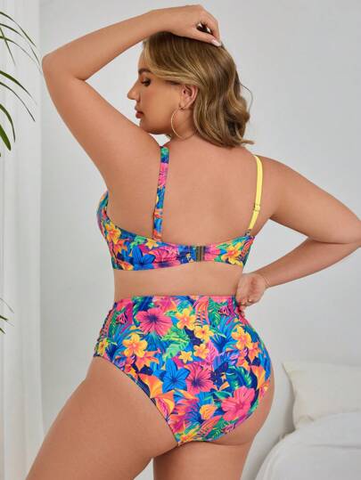 Swim SXY طقم بكيني للسيدات فوق المقاس المعتاد، 2 قطعة بحمالات رفيعة وطبعة عشوائية بطبعات استوائية، وحشوة للدفع للأعلى، بأسلوب رياضي لحمام السباحة، يناسب المناسبات الصيفية في الشاطئ