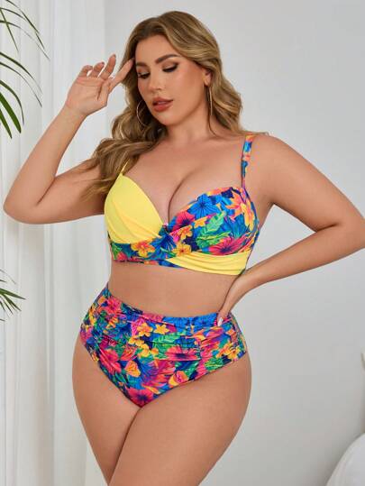 Swim SXY طقم بكيني للسيدات فوق المقاس المعتاد، 2 قطعة بحمالات رفيعة وطبعة عشوائية بطبعات استوائية، وحشوة للدفع للأعلى، بأسلوب رياضي لحمام السباحة، يناسب المناسبات الصيفية في الشاطئ