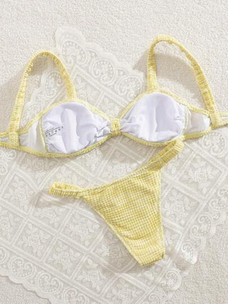Swim Mod مجموعة بكيني 2 قطعة نسائية للربيع، من قماش محبوك بلون أصفر خردلي، بدون حمالات، أنيقة وبسيطة للسيدات على الشاطئ