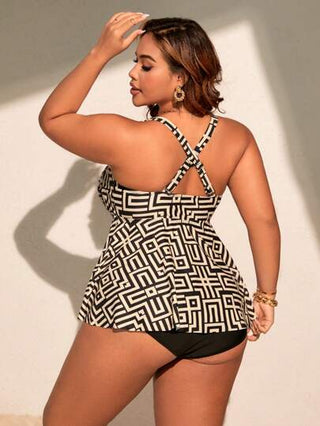 Swim Lushoire مجموعة سبحة للسيدات البدينات قطعتين ، بدلة سباحة بنمط تنورة محافظ طباعة مربعات، مخفي منحنيات الجسم والمنحف للصيف والشاطئ والعطلات الصيفية