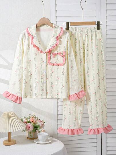 بيجاما مجموعة قطعتين مريحة من الزهور مع طبعات للفتيات المراهقات، بنطال طويل وقميص كم طويل، ملابس راحة فراغ