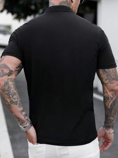 Manfinity Homme قميص بولو كاجوال قصير الأكمام ذو موحد اللون ووجه بنمط مقطع مع بأزرار في المقدمة للرجال